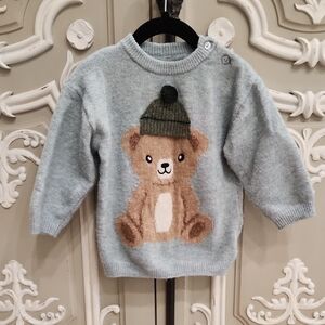H&M Boy Bear Knit Sweater with Pom Hat Detail Size 2